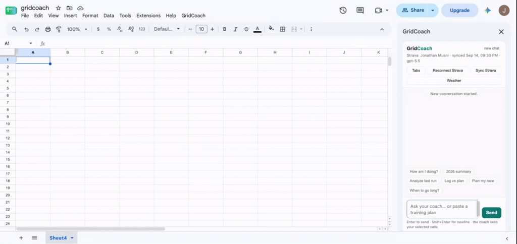 GridCoach demo: AI training coach inside a Google Sheet